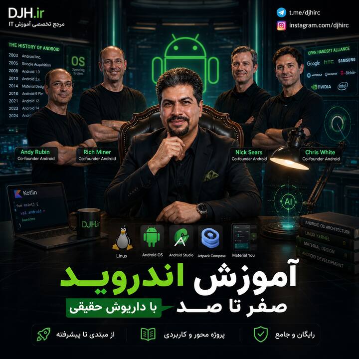 آموزش اندروید صفر تا صد با داریوش حقیقی در محیط آزمایشگاه رباتیک، همراه با تاریخچه Android OS، لینوکس، Android Studio، Jetpack Compose و بنیانگذاران اندروید. یادگیری Android OS از پایه تا پیشرفته با تمرکز بر تاریخچه اندروید، معماری سیستمعامل، Android Studio، Kotlin، Jetpack Compose، لینوکس و توسعه اپلیکیشنهای اندرویدی.