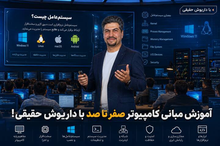 آموزش مبانی کامپیوتر صفر تا صد با داریوش حقیقی؛ معرفی مفاهیم پایه کامپیوتر، سیستم عامل، سخت‌افزار، نرم‌افزار، شبکه و مهارت‌های ضروری کاربران