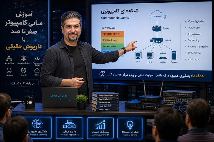 داریوش حقیقی در حال تدریس آموزش مبانی کامپیوتر صفر تا صد با تمرکز بر سیستم عامل، شبکه، امنیت سایبری و مهارت‌های کاربردی فناوری اطلاعات