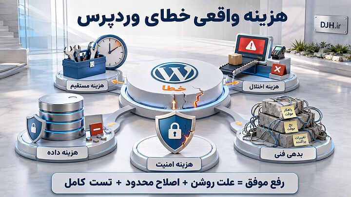 رفع اصولی خطاهای وردپرس با تشخیص علت، اصلاح محدود و تست کامل، هزینه اختلال، آسیب داده، خطر امنیت و بدهی فنی را کاهش میدهد هزینه واقعی خطاهای وردپرس شامل تعمیر، اختلال فروش، از دست رفتن داده، ریسک امنیتی و بدهی فنی ناشی از راهکارهای موقت است