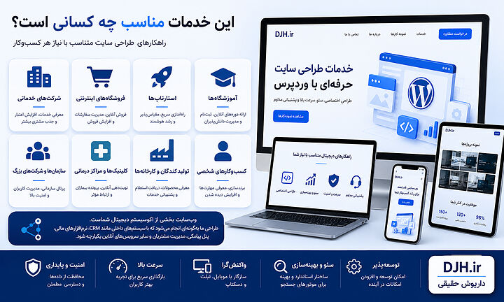 خدمات طراحی سایت برای شرکتها، فروشگاههای اینترنتی، استارتاپها، آموزشگاهها، کلینیکها و تولیدکنندگان با وردپرس، سئو، طراحی واکنشگرا و توسعهپذیر. راهکارهای طراحی سایت متناسب با انواع کسبوکار، همراه قابلیت اتصال به CRM، نرمافزارهای سازمانی، پنل پیامکی، سئو تکنیکال و معماری توسعهپذیر.