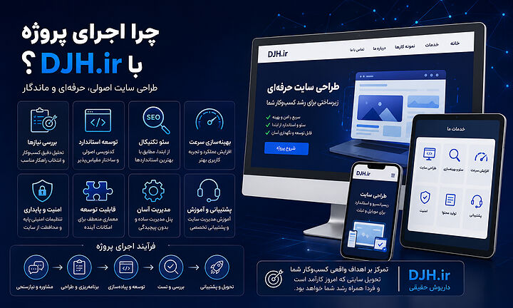 خدمات طراحی سایت در DJH.ir با تمرکز بر سئو تکنیکال، معماری توسعهپذیر، امنیت، بهینهسازی سرعت، طراحی واکنشگرا و پشتیبانی بلندمدت پروژههای وب. اجرای پروژه طراحی سایت با رویکرد حرفهای شامل تحلیل نیاز کسبوکار، توسعه استاندارد، وردپرس بهینه، زیرساخت مقیاسپذیر، نگهداری آسان و توسعه آینده.